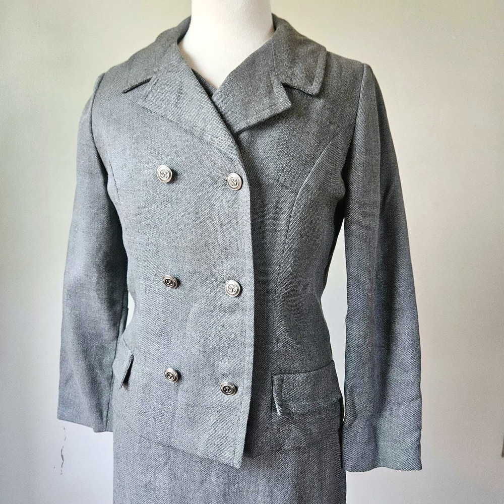 Vintage 1960s 3 Piece Skirt Vest Suit Gray Wool Secretary Mod Mad Men Small